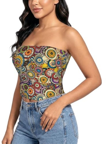 EdsfFehs Blusa sin mangas para mujer, diseño de círculos étnicos, estampado floral, elástica, sin tirantes, suave, para uso diario, Negro, XXL