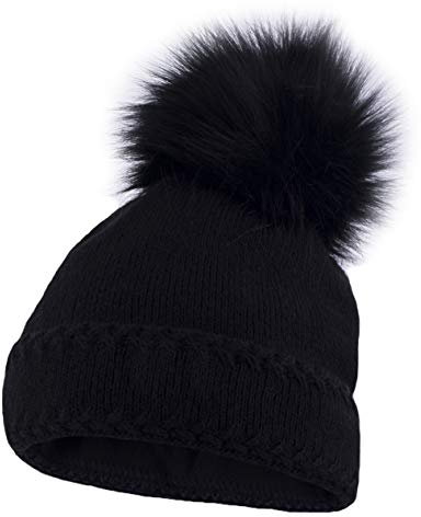 Neverless® gefütterte Damen Strickmütze mit Fell-Bommel und Fleece Futter, Winter-Mütze, Bommelmütze schwarz