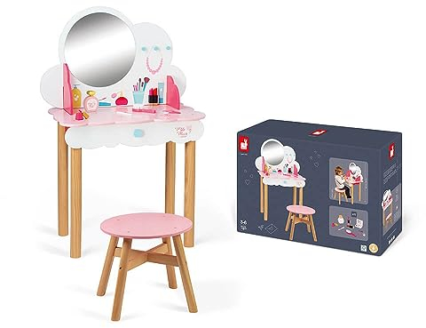 Janod - P'tite Miss Wooden Dressing Table for Children - 10 Accessories Included - Pretend Play - For children from the Age of 3, J06553, Pink and White