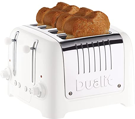 Dualit 4 Slice Lite Toaster | 1.1kW Toasts 120 Slices an Hour | Polished with High Gloss White Trim | Bagel & Defrost Settings | 36 mm Wide Slots | 46203