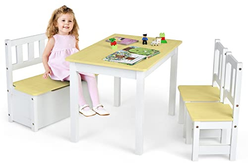 GOPLUS Juego de Mesa y Sillas para Niños de 4 Piezas, 2 en 1 Juego de Mesa de Actividades de Madera para Niños Pequeños con 2 Sillas y 1 Banco de Almacenaje para Jugar, Dibujar, Leer y Comer (Natural)