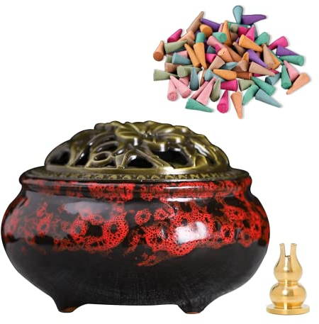 Räuchergefäß, Räuchergefäß Keramik Mit Deckel, Geeignet FüR RäUcherkegel/Spulen/StäBchen, Es Gibt Metall-RäUcherstäBchenhalter + Feuerfeste Baumwolle Im Inneren.