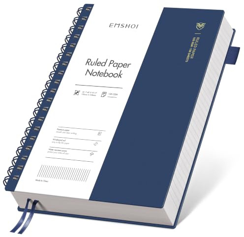 EMSHOI B5 Spiral Notebook, Lined Notepad, PVC Cover, 300 Pages, Blue | 100GSM Paper, Flexible Plastic Cover, Notepad with Sticky Notes, Pocket, Pen Loop, Bookmark Ruler for Writing, 19 x 25cm