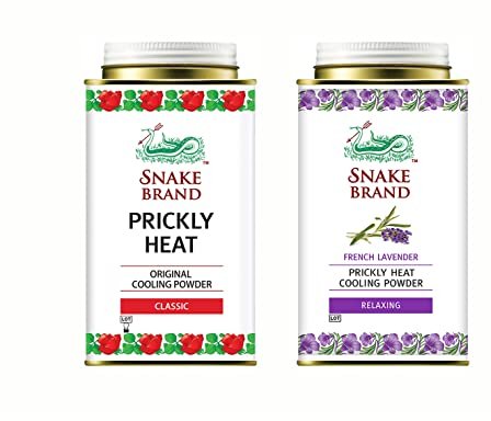 SNAKE BRAND Prickly Heat Kühlendes Körperpuder, 140 g, Doppelpack, klassischer & entspannender Lavendel (je 1 Stück)