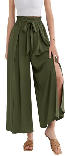 GRACE KARIN Pantalon Palazzo Fluide Fendu Décontracté pour Femmes avec Poches, Jambe Large, Cheville, Vert Olive L