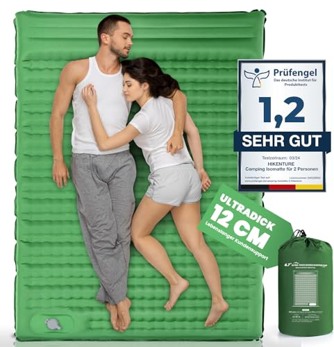 HIKENTURE Isomatte Selbstaufblasend, 12CM Doppel Isomatte Ultraleicht, Camping Isomatte für 2 Personen Aufblasbar, Schlafmatte Luftmatratze mit Fußpumpe für Zelt, Wandern - Dunkelgrün A3