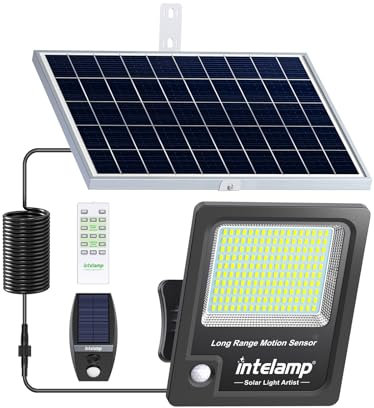 intelamp Projecteur Solaire Exterieur 3000LM 170LED avec Télécommande, 12000mAh Lampe Solaire Extérieur Détecteur de Mouvement, IP65 Étanche Éclairage Solaire(5m Câble) pour Jardin,Garage