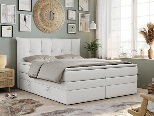MKS MEBLE King Boxspringbett 200x200 Mit Bettkasten und Matratze H3, Polsterbett Mit Matratze, Premium-10-King - Weiß Kunstleder