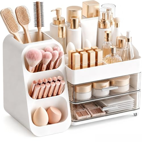 Makeup Organizer with Drawers for Vanity,Spacious Cosmetic Display Case,Perfect Storage Solution for Your Beauty Essential (White)