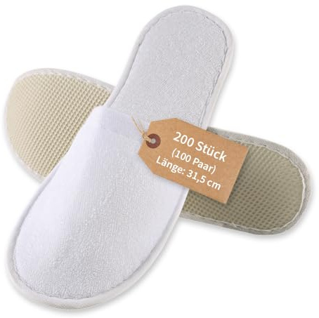FRANZ MENSCH 200 Stück Hygonorm Slipper Classic, geschlossen | Polyester, Karton, weiß, Einheitsgröße, L: 28,5cm, B: 11cm, Hotelslipper, Einweg-Hausschuhen, Gästeschuhe