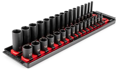 TEKTON 1/4 Inch Drive 6-Point Impact Socket Set with Rails and Tray, 32-Piece (4-17 mm) | SID90201