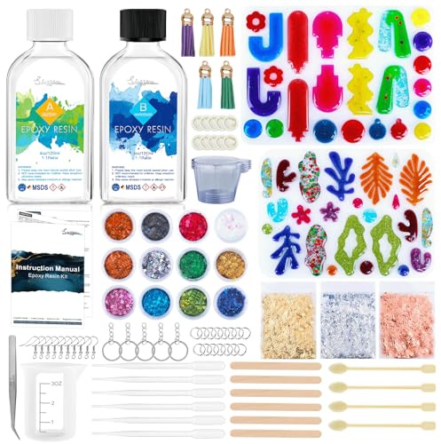 Crystal Clear Epoxy Resin Kit 8oz (240ml) with Molds - High Gloss & UV Resistant for DIY Art, Jewelry Making, Mould Casting Resin Epoxy with Foil Flakes, Sequin for Beginners & DIY Art Projects