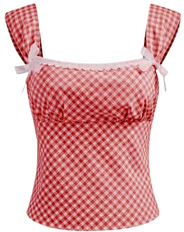 Dam basic väst toppar lös passform linnen skjortor kvinnor rutig korsett maglinne fyrkantig hals Gingham trim spagettirem skjorta smal passform gå ut toppar linne kvinnor bomull, Röd, M