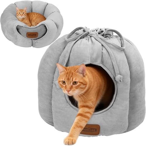 Nobleza Cat Igloo Bed, 2 in 1 Foldable Cat Cave Beds for Indoor Cats Kittens, Warm Soft Cat Bed Tent with Anti-Slip Bottom, Washable Pet House Indoor, Kitten Kitty Igloo Beds, 40x40x37cm, Grey