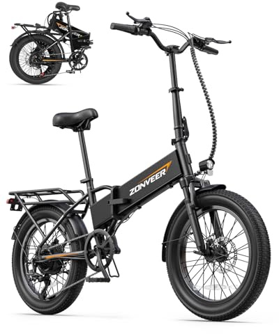 zonveer Folding Electric Bike, 48V 10.4AH Large Removable Battery E Bike, 28 MPH, 50 Miles Max Range, 20 Fat Tire Electric Bike for Adults, Adult Electric Bicycles for Commute
