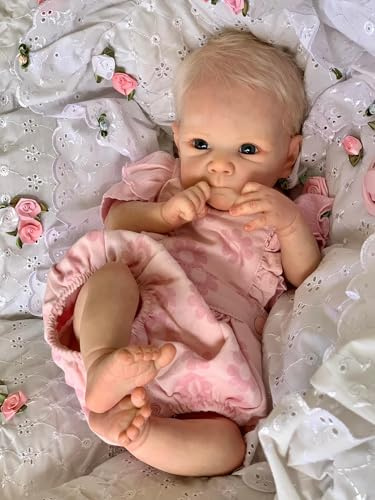 MineeQu 18 Realistisk Baby Doll Livlik Reborn Nyfödd Tjej Doll i Mjuk Taktil Vinyl Livlik Söt Ansikte Blond Hår Rosa Blomstrande Utfit Gåva Set