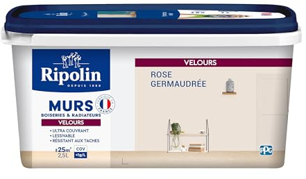 RIPOLIN - Peinture Intérieure Multi-Supports – Murs, Boiseries & Radiateurs – Ultra couvrante - Monocouche - Confort d'application - Aspect Velours - Rose Germaudree - 2,5L