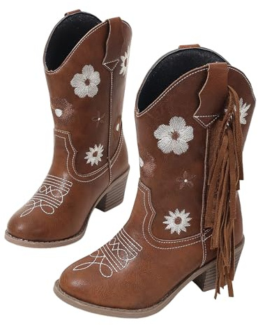 Genérico Botas Vaqueras para Niñas, Botines de Moda Niña con Bordados Florales y Flecos, Botas de Media Caña Confortables Estilo Occidental, Zapatos Niña Ideal para Fiestas y Uso Diario
