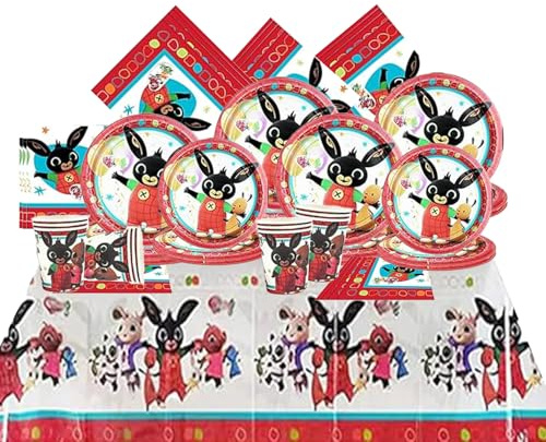 PYTRARTY 81 Pezzi Bunny Stoviglie Compleanno，Bunny Kit Festa Compleanno，Tovaglioli, Piatti di Carta, Bicchieri di Carta, Tovaglia, Perfetto per 20 Persone