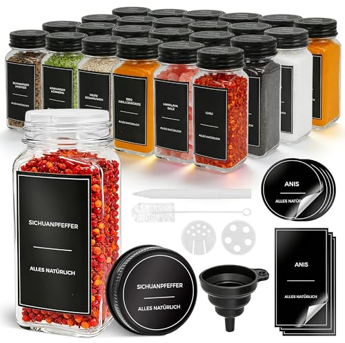 Digank Gewürzgläser Set Eckig 24x120ml – Luftdichte Gewürzdosen Glas mit Streuaufsätzen & Etiketten – Schwarz Spice Jars für Küche Organisation & Aufbewahrung