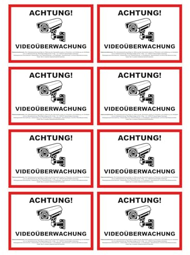 Lot de 8 autocollants de vidéosurveillance, résistants aux intempéries et imperméables, panneau d'avertissement, pour l'intérieur et l'extérieur, DSGVO A7