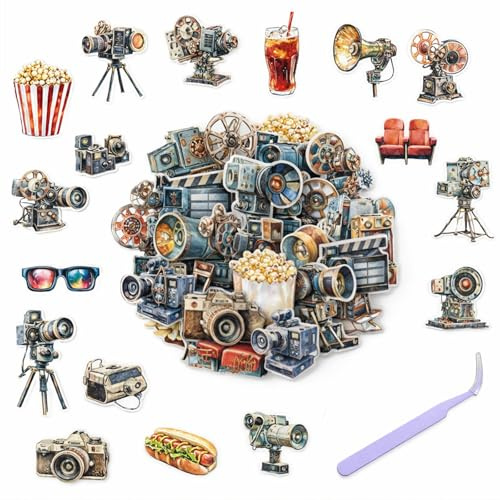 Cinema Journaling Stickers, 100-Sheet Waterproof Transparent PET Set | Includes 1 Pair Of Tweezers, Camera, Film Reel, Theatre Seat And Drink Motifs, For Scrapbooks, Planners, Cards And DIY Crafts