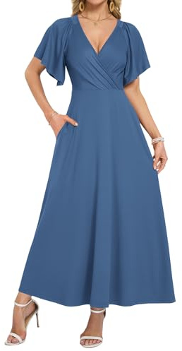 WNEEDU Vestido Largo Cruzado de Verano para Mujer con Bolsillos | Vestido elegante para invitadas de boda con mangas con volantes y corte imperio Veladas Vacaciones