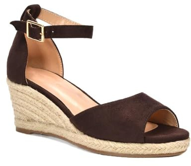 Womens Espadrille Wedge Sandals Ladies Brown Faux Suede Peep Toe Ankle Strap Ladies Low Mid Heel Shoes Size 7