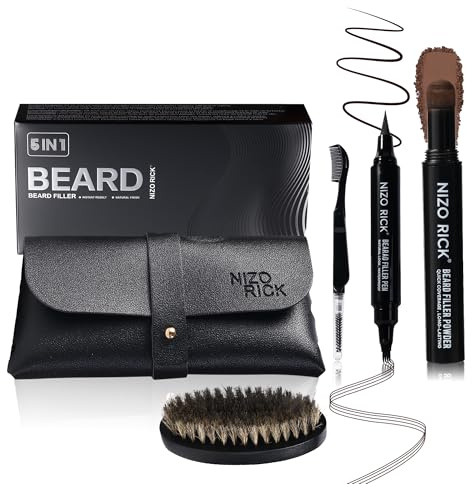 Nizorick Beard Pencil Kit for Men, 5 in 1 Waterproof Beard Filler Pen Set with Brush, Long-Lasting Dual Tip Filling and Shaping Tools for Hairline, Mustache & Patchy Beard (DARK BROWN)