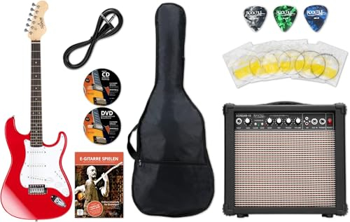 Shaman Element Series STX-100R Starter Set (Hochwertige E-Gitarre im ST Style mit 3 Single Coil Pickups & Tremolohebel inkl. 15W Gitarren Amp & 5 teiligem Zubehörset für E-Gitarre) Rot