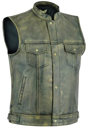 Leatherick SOA Gilet da motociclista da uomo in grana superiore marrone invecchiato con bottoni aperti per equitazione e gilet stile taglio alla moda, stile vintage (M - EUR48)