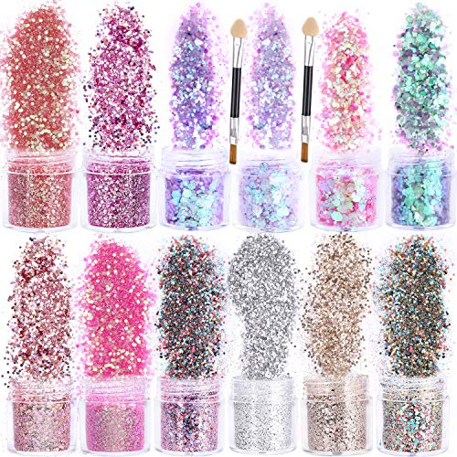 HOWAF 12 Colorées Paillettes pour Ongles Visage Corps Art avec Brosse 2pcs, 3D Nail Art Paillettes pour Manucure Yeux Cheveux Corps Maquillage Décoration