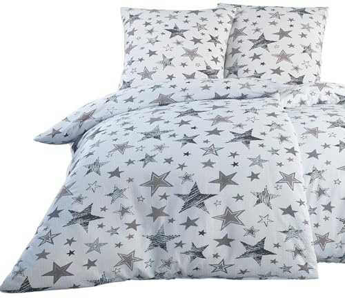 BaSaTex Seersucker Bettwäsche Set| 100% Baumwolle Bügelfrei | 135x200 cm + 80x80 cm | Reißverschluss | Luna Sterne Grau