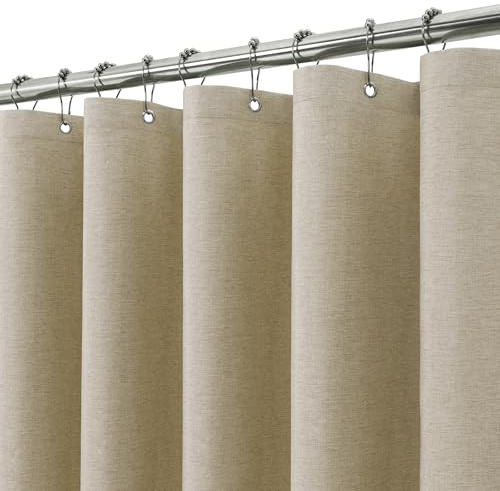VANZAVANZU Rideau de Douche Lin avec Anneaux en Métal Imperméable Anti-Moisissures Polyester Tissu Rideau Salle de Bain Lourd pour Baignoire Cabine de Douche - 182x182CM (Taupe)