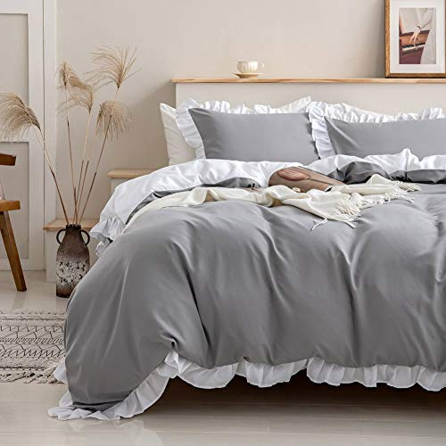 Loussiesd Ruffle Duvet Cover Set, Soft and Breathable Washed Microfiber 2pcs Bedding Set, Shabby Chic Farmhouse Duvet Cover and Pillow Shams, Zipper Closure & Corner Ties, Easy Care Gray King