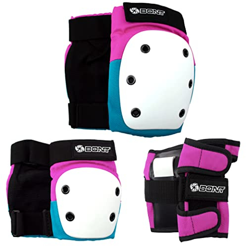 Bont Junior / Kids Skate Pads Protection Set for Inline Skate, Roller Skate, Ice Skate, Skateboard, Elbow Knee Wrist Protective Set in Black Pink and Teal (Pink/Teal, Medium)