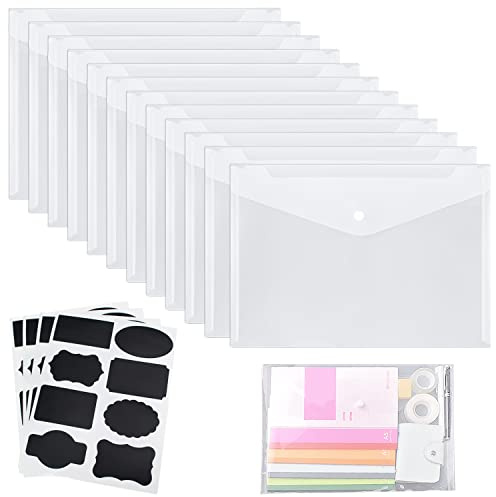 12Pcs Pochette Porte Document A5 Poche Transparente - Bouton pression - Pour documents - avec Autocollant Noirpour(Imperméable)