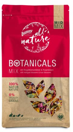 Bunny Nature BOTANICALS MID Mix – con fiori di calendula e fiori di rosa | 130 g | Mangime complementare per conigli nani, porcellini d'India, cincillà & Degus