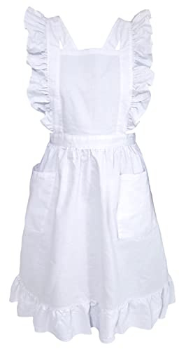 LilMents Long Maxi Cotton Ruffle Apron with Pockets, Small to Plus Size Ladies (White)