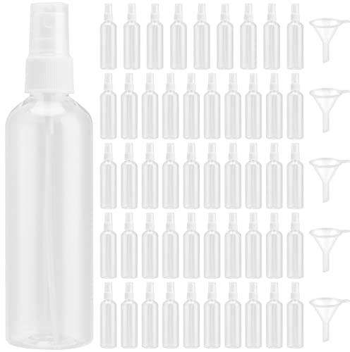 MUKLEI 50 PCS 100ml Plastic Travel Spray Bottle, Refillable Empty Spray Bottles with Lids, Clear Empty Fine Mist Sprayer with 5 Funnels, Portable Spray Container for Home, Travel, Makeup