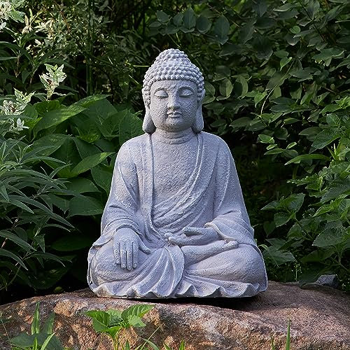 TOETOL Grande Statue de Bouddha - Décoration Zen d'extérieur - Taille M - 50,8 cm de Haut - Oxyde de magnésium - Pierre Grise pour Cour, Jardin, terrasse, Maison