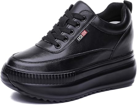 JAOOUU Basket Compensee Femme Chaussure Plateforme Femme Baskets Talon de Mode Décontractées Chaussures de Marche Légères en Cuir de Haute Qualité Talon de 8cm Noir 33EU