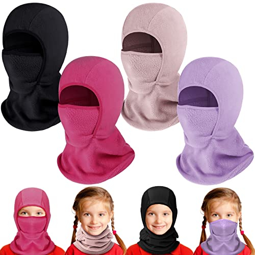 Sintege 4 Kinder Balaclava Sturmhauben Warme Fleece Gesichtshauben Winddichte Winter Skimasken (Schwarz, Lila, Rosarot, Rosa)