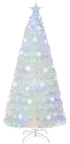 COSTWAY Albero di Natale Pre-illuminato in Fibra Ottica 120/150/180/210 cm, Albero di Natale Bianco con Foglie Iridescenti, Luci a LED a Fiocco di Neve Multicolore, Luce Superiore a Stella (180 CM)