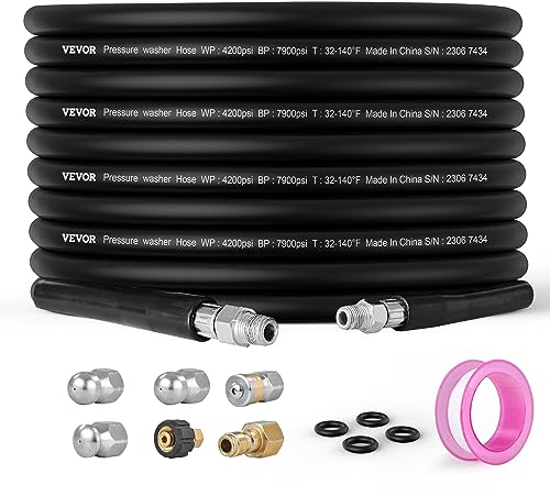 VEVOR Rohrreinigungsschlauch Set M22-14mm Anschluss Rohrreinigungsset max. 289,58bar Kanalreiniger 19,1mm Biegeradius Hochdruckreiniger Zubehör inkl. 4x Sprühdüsen Rohrreiniger PVC Polyester