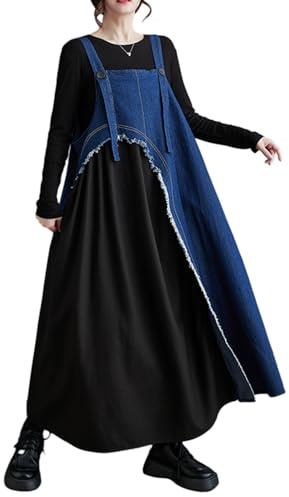 ellazhu Vestido de Peto de Mezclilla Patchwork Vintage sin Mangas con Bolsillos GZ17 Azul