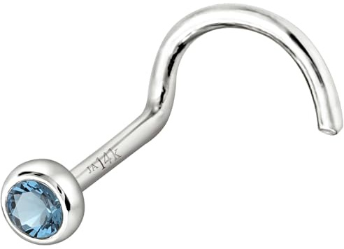 Jewelry Avalanche Solid 14K White Gold Nose Screw Stud Bezel Set 2mm Aquamarine 22G Cork-screw Nose Stud - March Birthstone Nose Ring Stud NSBZ-AQM20WG