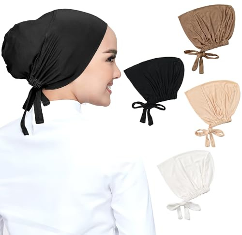 HENGBIRD PañUelos de Cabeza Mujer con Cierre de Lazo, Hijab Musulmana Ajustable, Color SóLido Hiyab Cap (Blanco, Negro, Color Mickey, Beige)