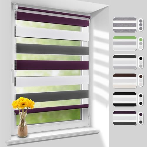 Homland Doppelrollo Klemmfix ohne Bohren B45 x H150 cm(Stoffbreite 40cm) Weiß-grau-lila, Duo Rollo, Rollo Klemmrollos lichtdurchlässig & verdunkelnd, Verstellbar Fensterrollo Sonnenschutz