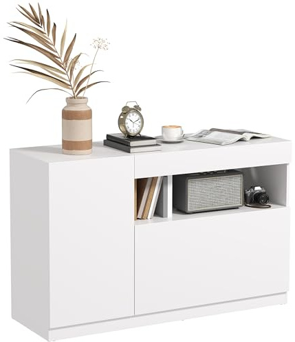 HOMCOM Credenza Cucina Bassa con Ante Ammortizzate, Mobile Buffet con 2 Armadietti, Scaffale Aperto, 2 Fori Passacavi, Ripiano Regolabile e Sistema Antiribaltamento, Bianco
